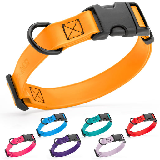 Biothane waterproof collar for dogs with black quick release buckle and metal D-ring, adjustable, tangerine orange and 6 other color option examples