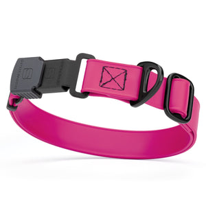 Magenta Pink dog collar with black Herm Sprenger buckle and metal D-ring, adjustable, made from waterproof and odor resistant Biothane