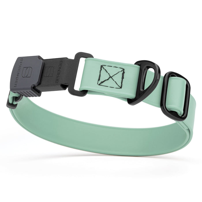 Sage Green dog collar with black Herm Sprenger buckle and metal D-ring, adjustable, made from waterproof and odor resistant Biothane