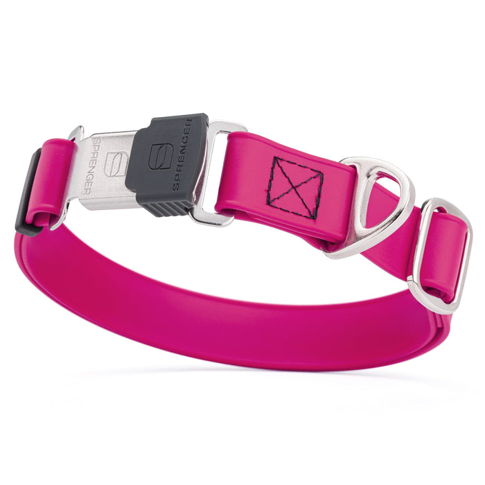 Magenta Pink dog collar with silver Herm Sprenger buckle and metal D-ring, made from waterproof and odor resistant Biothane