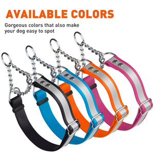 Reflective martingale collars for dogs, made in the USA from waterproof Biothane, adjustable, 4 colors availabe