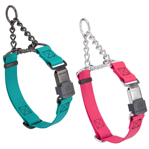Biothane martingale collars for dogs with Herm Sprenger buckle and black or silver hardware, adjustable. Teal, pink, and 15 other color options