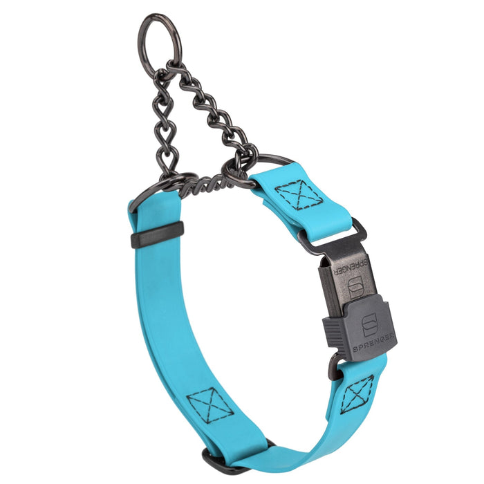 Sky Blue Biothane martingale collar with black Herm Sprenger buckle and black hardware, 3/4 inch wide, adjustable
