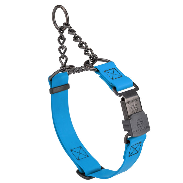 Cerulean Blue Biothane martingale collar with black Herm Sprenger buckle and black hardware, 3/4 inch wide, adjustable