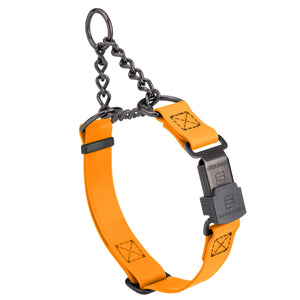 Tangerine Biothane martingale collar with black Herm Sprenger buckle and black hardware, 3/4 inch wide, adjustable