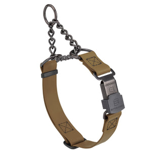 Coyote Brown Biothane martingale collar with black Herm Sprenger buckle and black hardware, 3/4 inch wide, adjustable