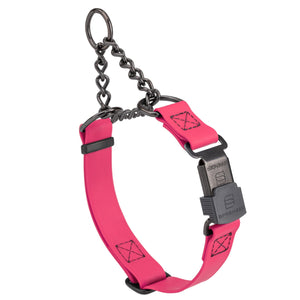 Passionfruit Pink Biothane martingale collar with black Herm Sprenger buckle and black hardware, 3/4 inch wide, adjustable