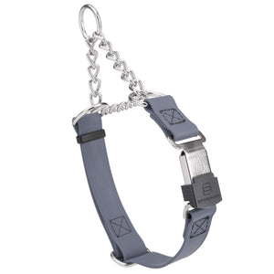 Battleship Gray martingale collar with silver Herm Sprenger buckle and silver hardware, 3/4 inch wide, made from Biothane