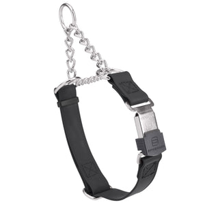 Black martingale collar with silver Herm Sprenger buckle and silver hardware, 3/4 inch wide, made from Biothane
