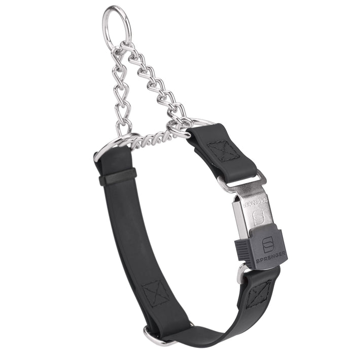 Black martingale collar with silver Herm Sprenger buckle and silver hardware, 3/4 inch wide, made from Biothane