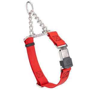 Cherry Red martingale collar with silver Herm Sprenger buckle and silver hardware, 3/4 inch wide, made from Biothane