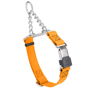 Tangerine martingale collar with silver Herm Sprenger buckle and silver hardware, 3/4 inch wide, made from Biothane