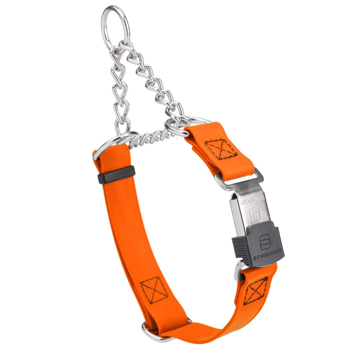 Hunter Orange martingale collar with silver Herm Sprenger buckle and silver hardware, 3/4 inch wide, made from Biothane
