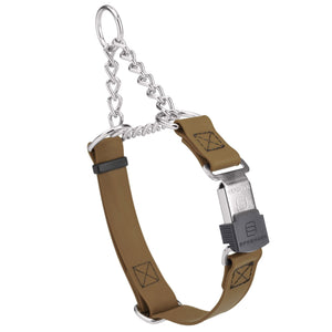 Coyote Brown martingale collar with silver Herm Sprenger buckle and silver hardware, 3/4 inch wide, made from Biothane