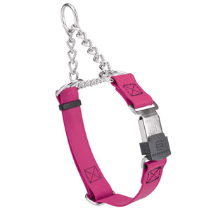 Magenta Pink martingale collar with silver Herm Sprenger buckle and silver hardware, 3/4 inch wide, made from Biothane