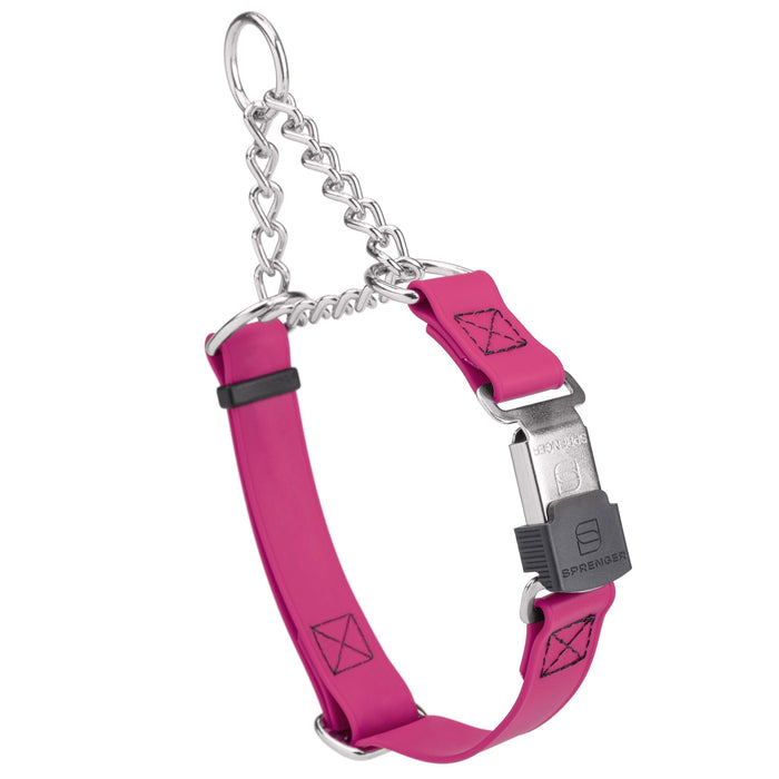 Magenta Pink martingale collar with silver Herm Sprenger buckle and silver hardware, 3/4 inch wide, made from Biothane