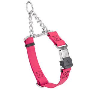 Passionfruit Pink martingale collar with silver Herm Sprenger buckle and silver hardware, 3/4 inch wide, made from Biothane
