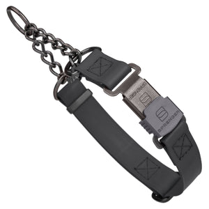 Black Biothane martingale collar with black Herm Sprenger buckle and black hardware, 1 inch wide, adjustable