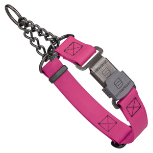 Magenta Pink Biothane martingale collar with black Herm Sprenger buckle and black hardware, 1 inch wide, adjustable