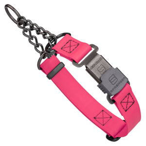 Passionfruit Pink Biothane martingale collar with black Herm Sprenger buckle and black hardware, 1 inch wide, adjustable