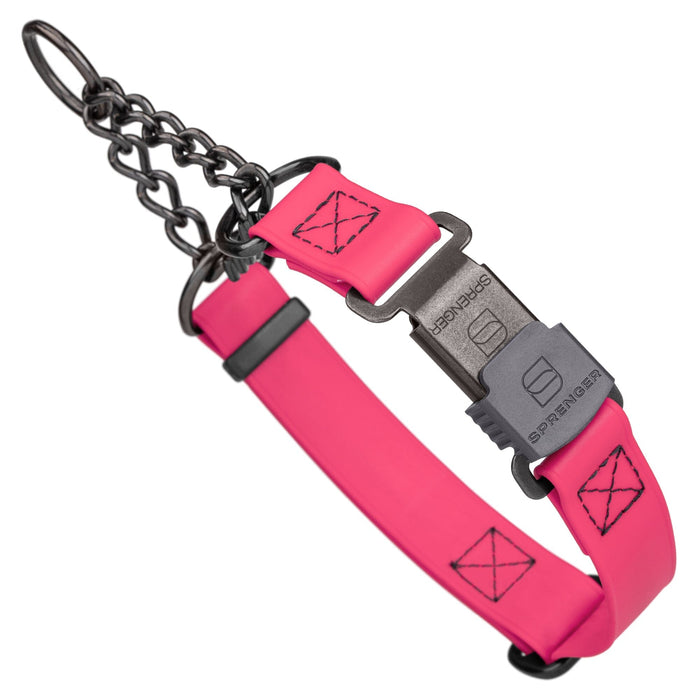 Passionfruit Pink Biothane martingale collar with black Herm Sprenger buckle and black hardware, 1 inch wide, adjustable
