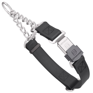 Black martingale dog collar with silver Herm Sprenger buckle and silver hardware, 1 inch wide, made from Biothane