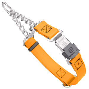 Tangerine martingale dog collar with silver Herm Sprenger buckle and silver hardware, 1 inch wide, made from Biothane