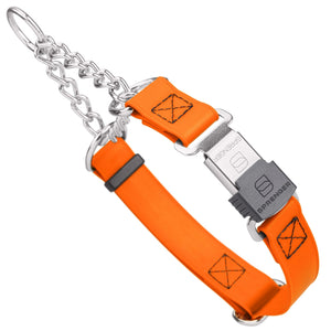 Hunter Orange martingale dog collar with silver Herm Sprenger buckle and silver hardware, 1 inch wide, made from Biothane