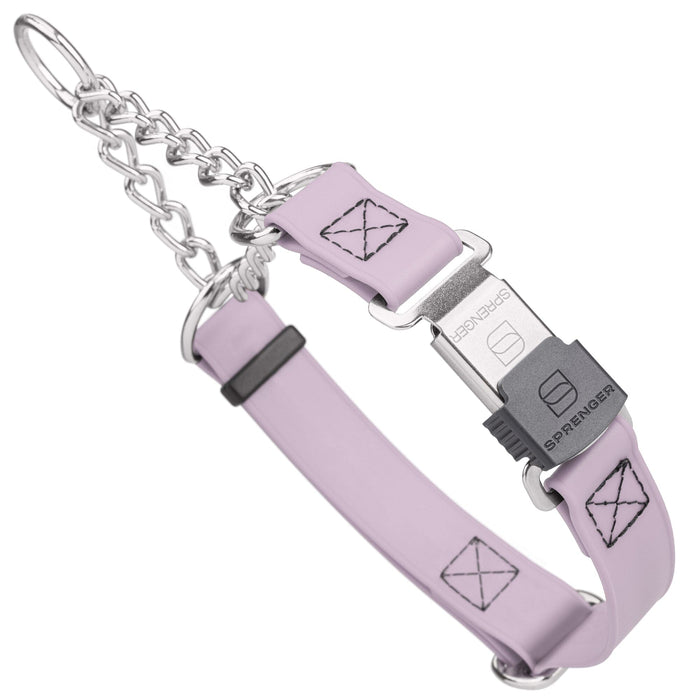 Pastel Purple martingale dog collar with silver Herm Sprenger buckle and silver hardware, 1 inch wide, made from Biothane