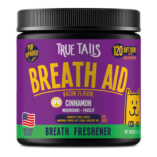 Breath Aid soft chews for dogs with cinnamon to promote oral health and fresh breath, bacon flavor, 120 chews per container