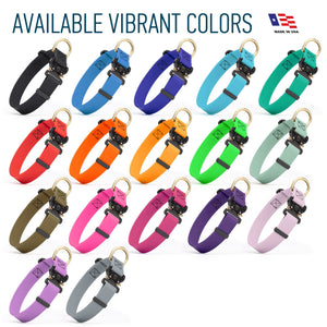 Waterproof collars for medium and large dogs with Cobra metal buckle and brass D-ring, made from Biothane, 17 colors available