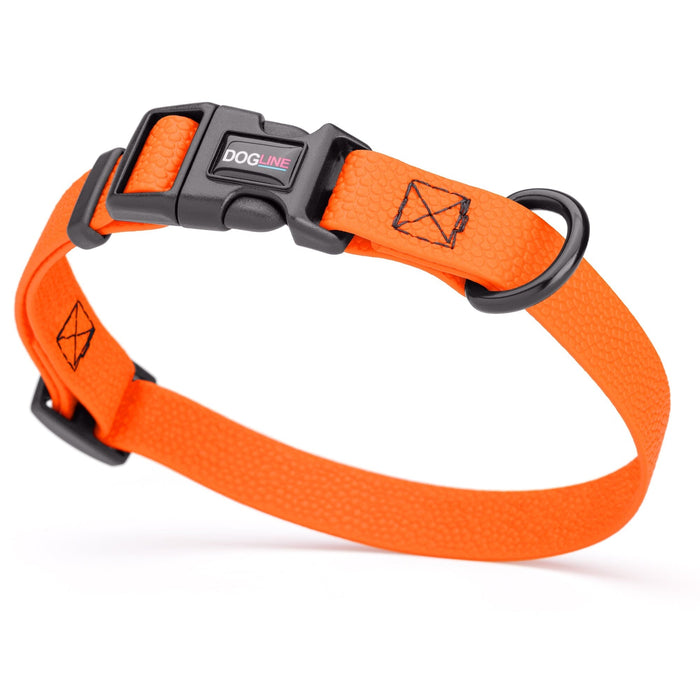 Hunter Orange Biothane dog collar with pebble textured surface, quick release buckle and welded D-ring, width 3/4 inch