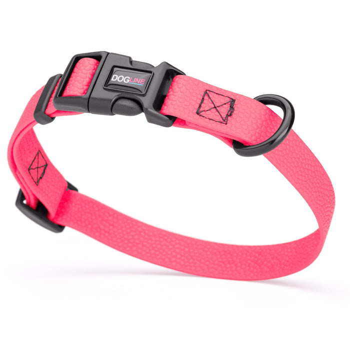 Hot Pink Biothane dog collar with pebble textured surface, quick release buckle and welded D-ring, width 3/4 inch