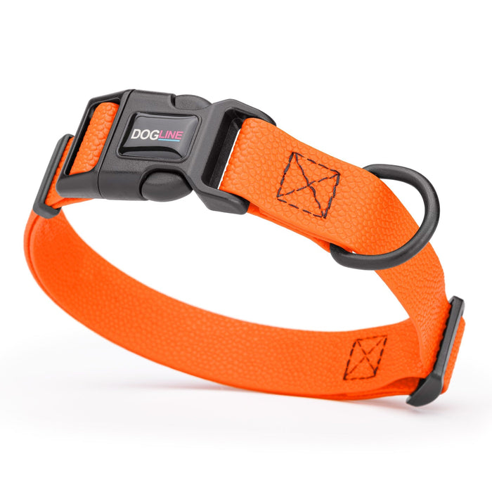 1 inch dog collar with quick release buckle and D-ring, made from Pebble Grip Biothane, Hunter Orange