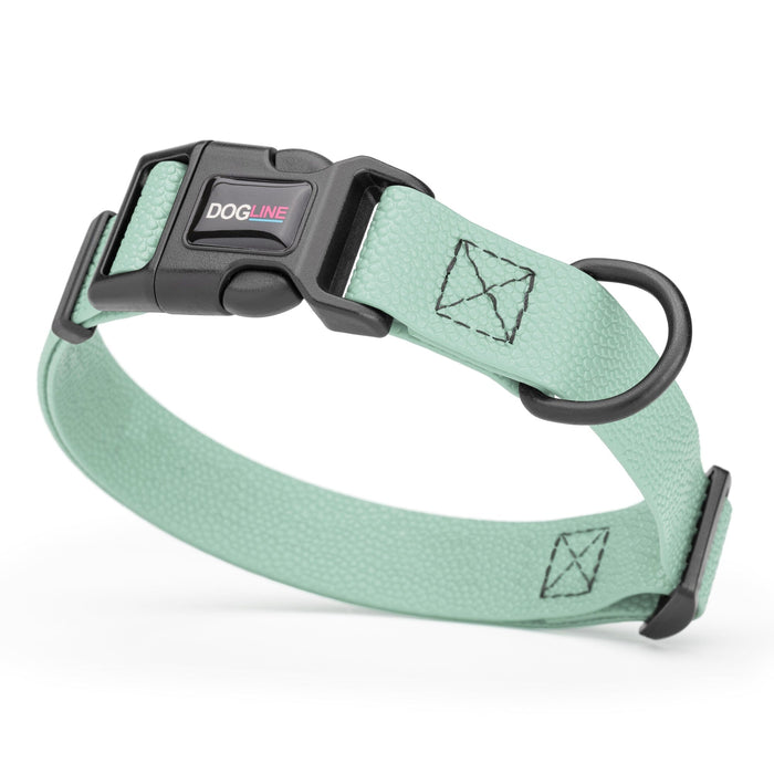 1 inch dog collar with quick release buckle and D-ring, made from Pebble Grip Biothane, Sage Green