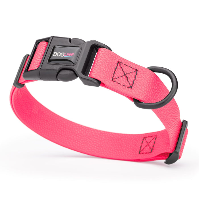 1 inch dog collar with quick release buckle and D-ring, made from Pebble Grip Biothane, Hot Pink