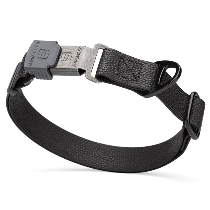Black Biothane dog collar with pebble textured coating and Herm Sprenger ClicLock black buckle, 1 inch wide, adjustable