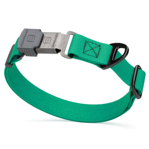 Teal Biothane dog collar with pebble textured coating and Herm Sprenger ClicLock black buckle, 1 inch wide, adjustable