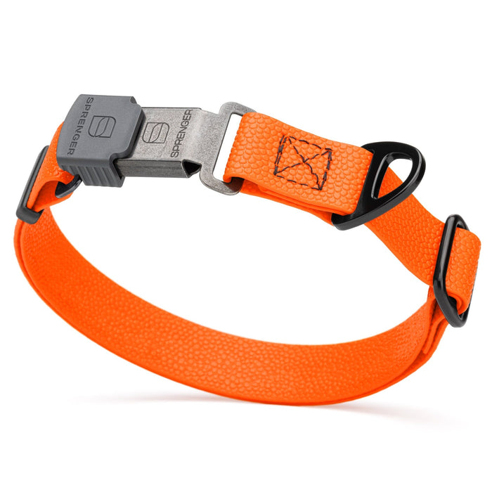 Hunter Orange Biothane dog collar with pebble textured coating and Herm Sprenger ClicLock black buckle, 1 inch wide, adjustable