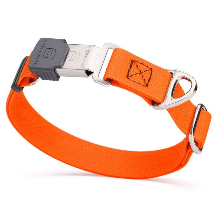 1 inch Biothane dog collar with pebble embossed coating and Herm Sprenger Cliclock buckle, 1 inch wide, Hunter Orange