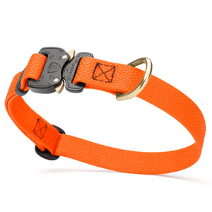 Hunter Orange Biothane dog collar with pebbled coating, Cobra buckle, and brass D-ring, 3/4 inch wide, adjustable
