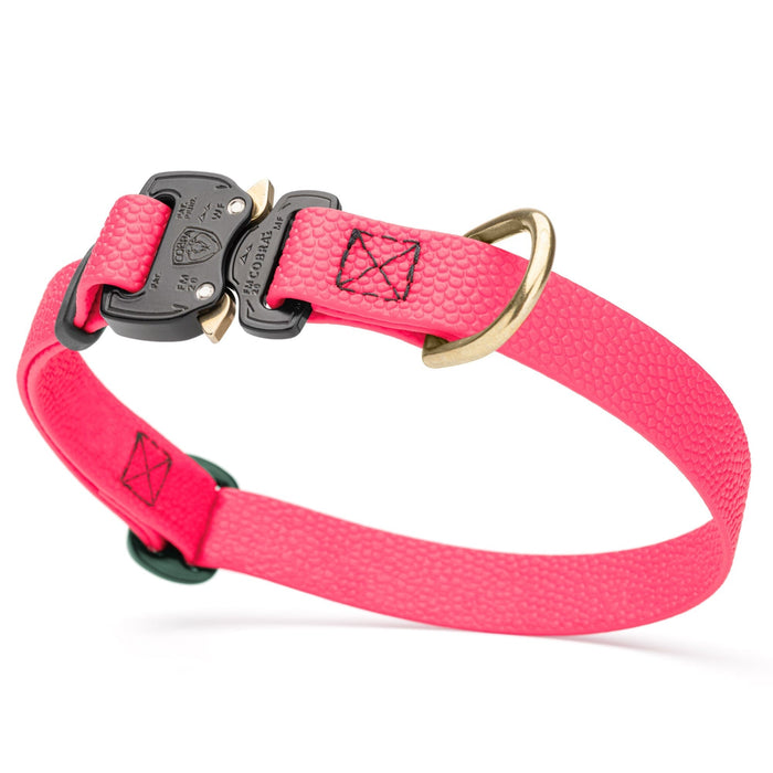 Hot Pink Biothane dog collar with pebbled coating, Cobra buckle, and brass D-ring, 3/4 inch wide, adjustable