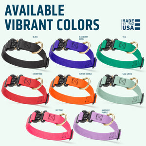 Pebble textured Biothane dog collars with Cobra metal buckle are available in 8 colors