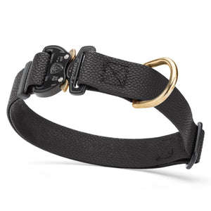 Black Pebble Grip Biothane dog collar with Cobra buckle and brass D-ring, 1 inch wide, adjustable