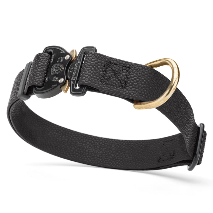Black Pebble Grip Biothane dog collar with Cobra buckle and brass D-ring, 1 inch wide, adjustable