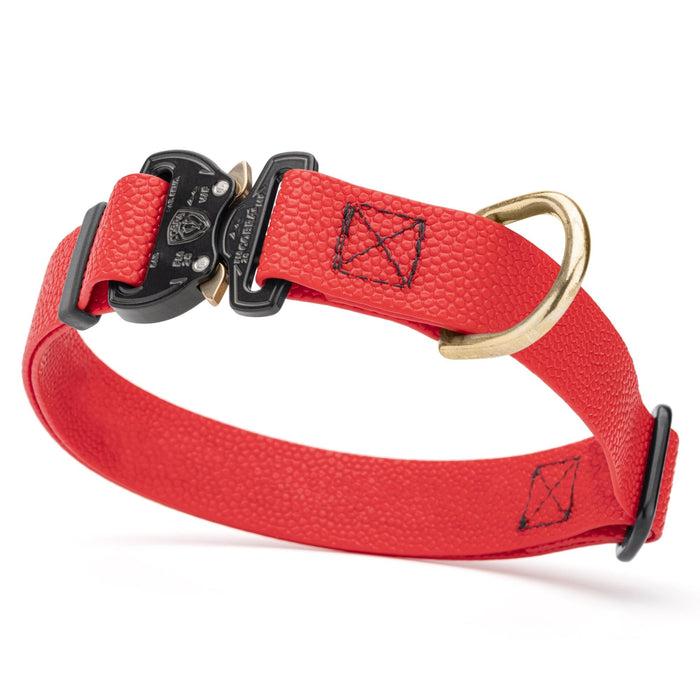 Cherry Red Pebble Grip Biothane dog collar with Cobra buckle and brass D-ring, 1 inch wide, adjustable