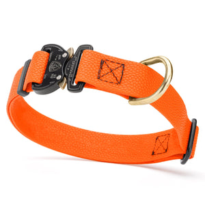 Hunter Orange Pebble Grip Biothane dog collar with Cobra buckle and brass D-ring, 1 inch wide, adjustable