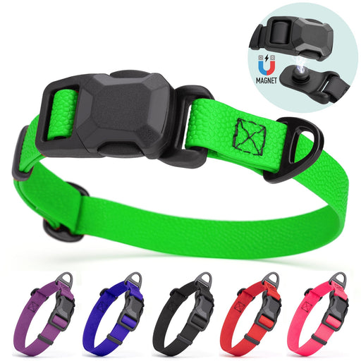 Textured Biothane dog collar with magnetic buckle and welded D-ring, adjustable. Green, purple, blue, black, red, pink and other colors available 