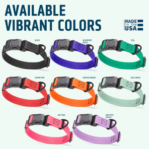 Pebble textured Biothane dog collars with magnetic buckle are available in 8 colors