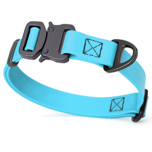 Sky Blue dog collar with metal buckle and D-ring, 3/4 inch wide, adjustable, made from waterproof Biothane